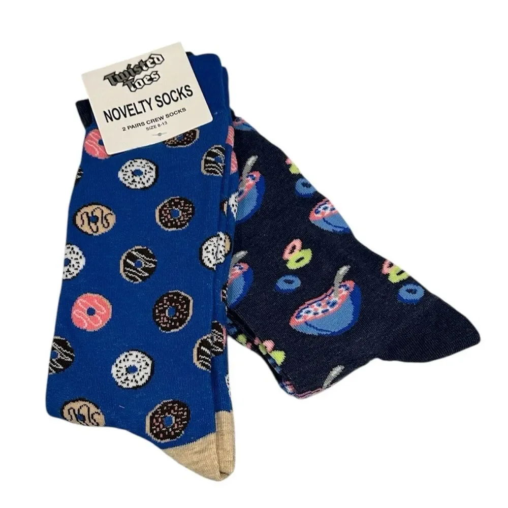 Twisted Toes Crew Socks Mens 8-13 NEW 2 Pair Donuts Milk & Cereal Novelty Socks
